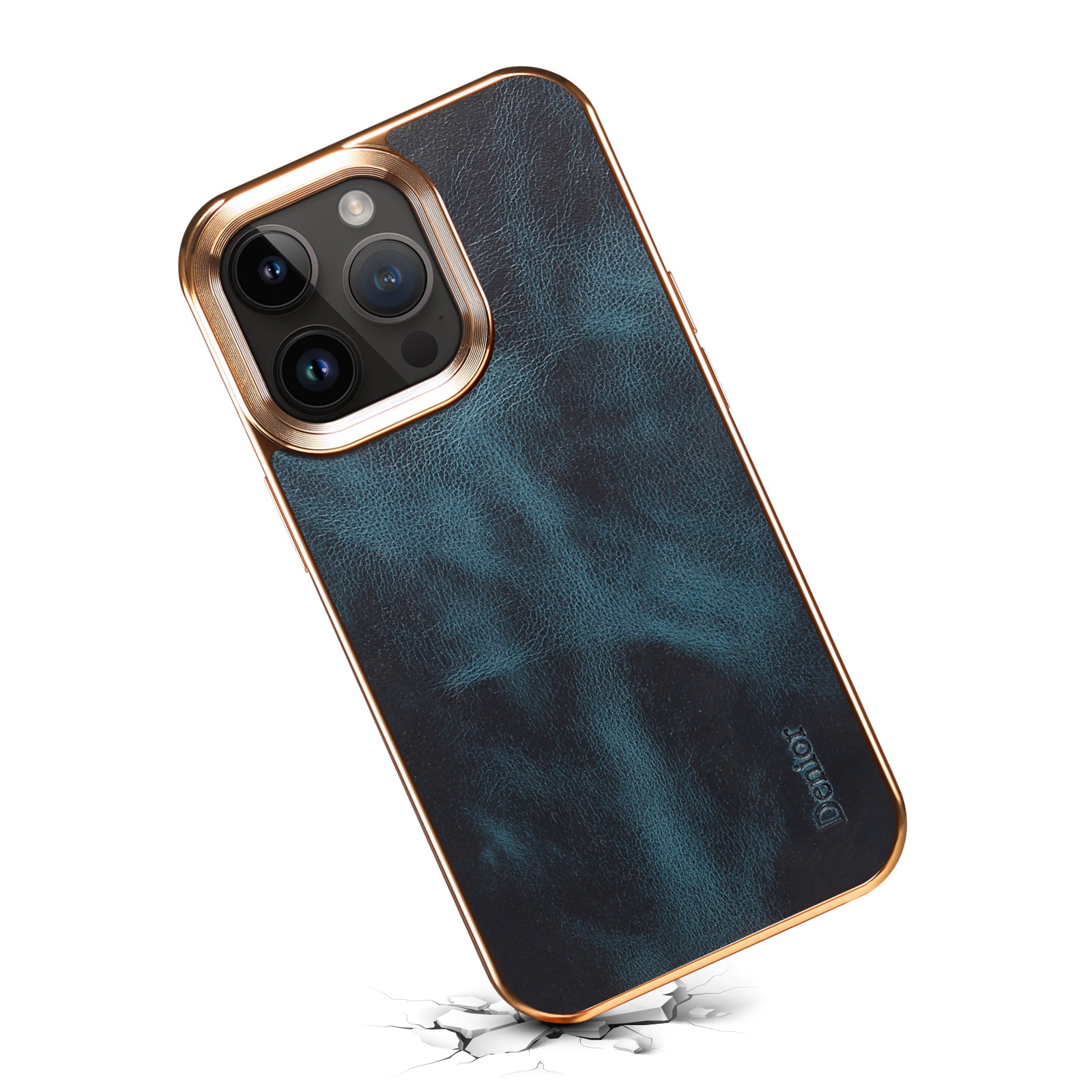 iPhone Top Layer Cowhide Electroplated Border Anti Drop Genuine Leather Phone Case（Blue）