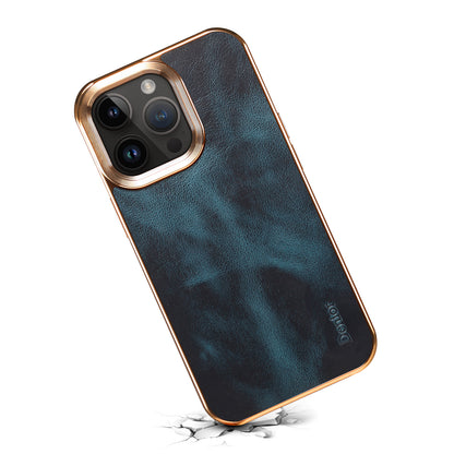 iPhone Top Layer Cowhide Electroplated Border Anti Drop Genuine Leather Phone Case（Blue）