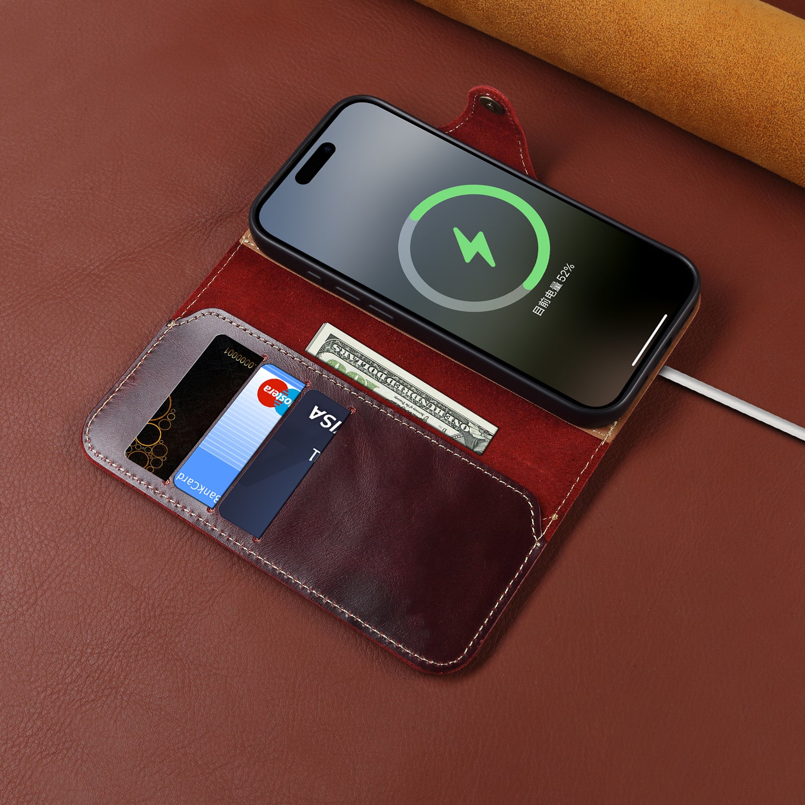 iPhone 17 Series Genuine Leathe Multi Functional Card Insertion Flip Wallet Holder Phone Case（Red）