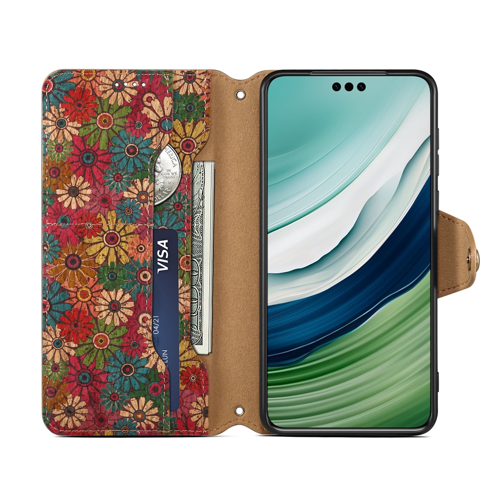 Huawei Flower Language Cork Flip Wallet Stand Leather Phone Case (Green)