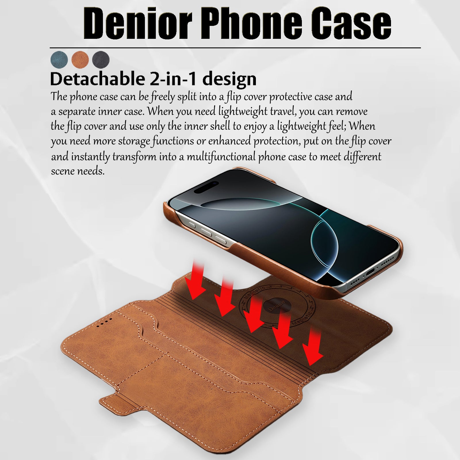 2IN1 Detachable Magnetic iPhone Phone Case & Card Pocket（Brown）
