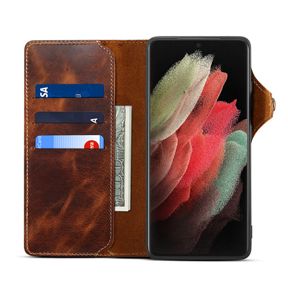 Genuine Leather Oil Wax Cowhide Button Wallet Phone Case (For Samsung)