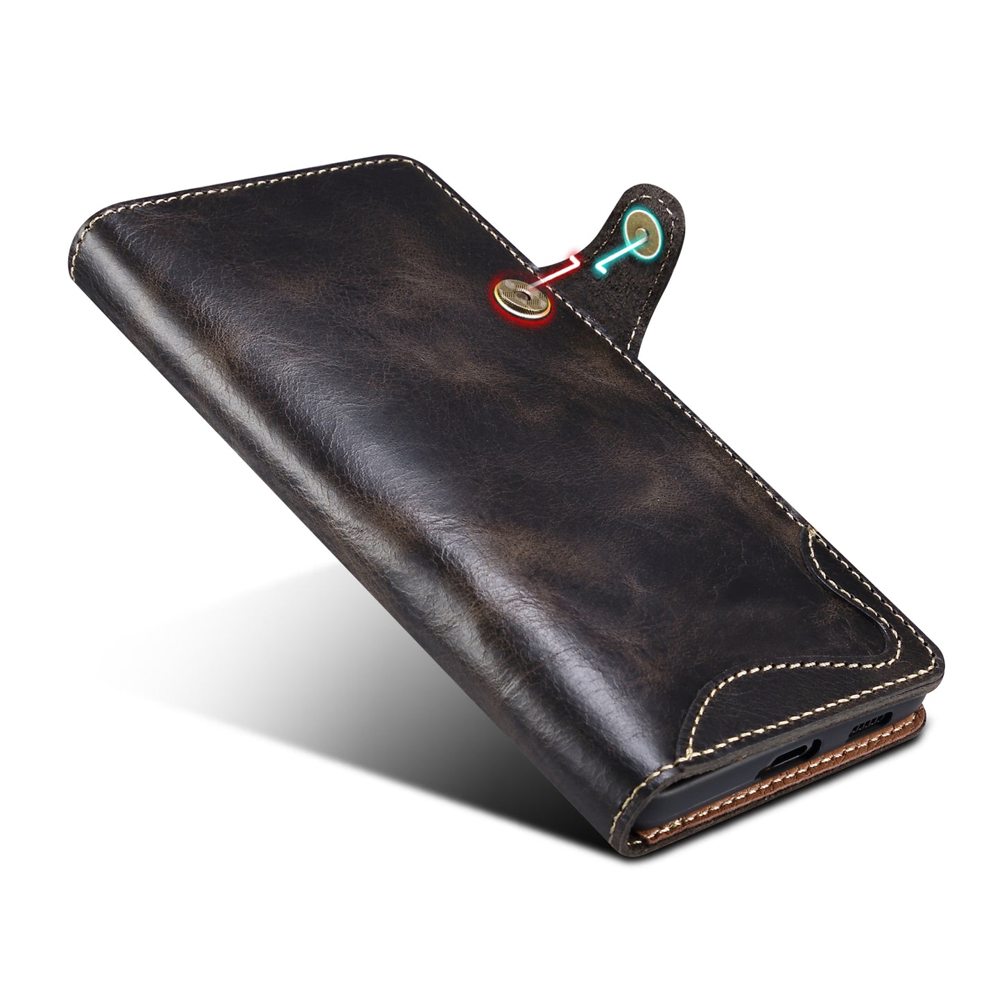 Genuine Leather Oil Wax Cowhide Button Wallet Phone Case (For Samsung)