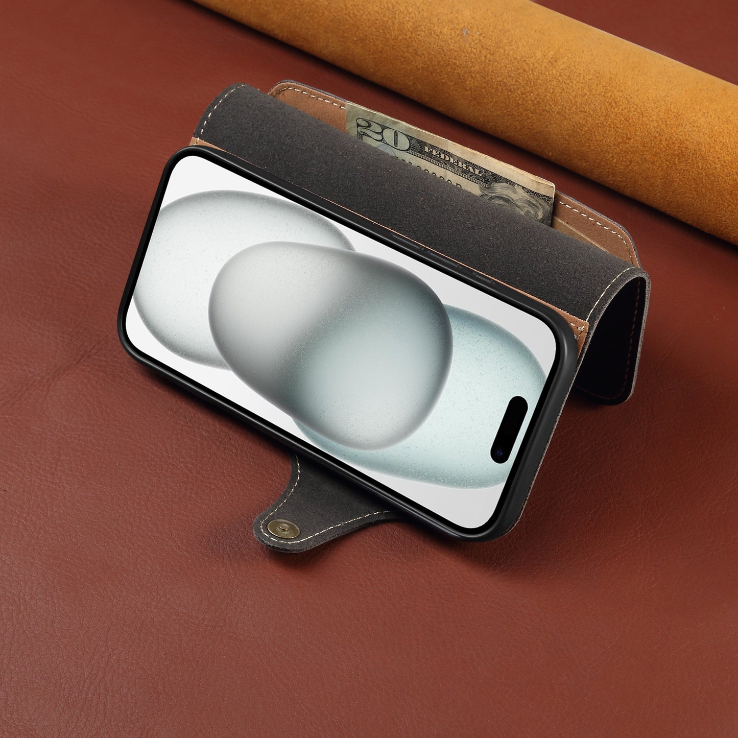 Genuine Oil Wax Cowhide Stand Wallet Phone Case