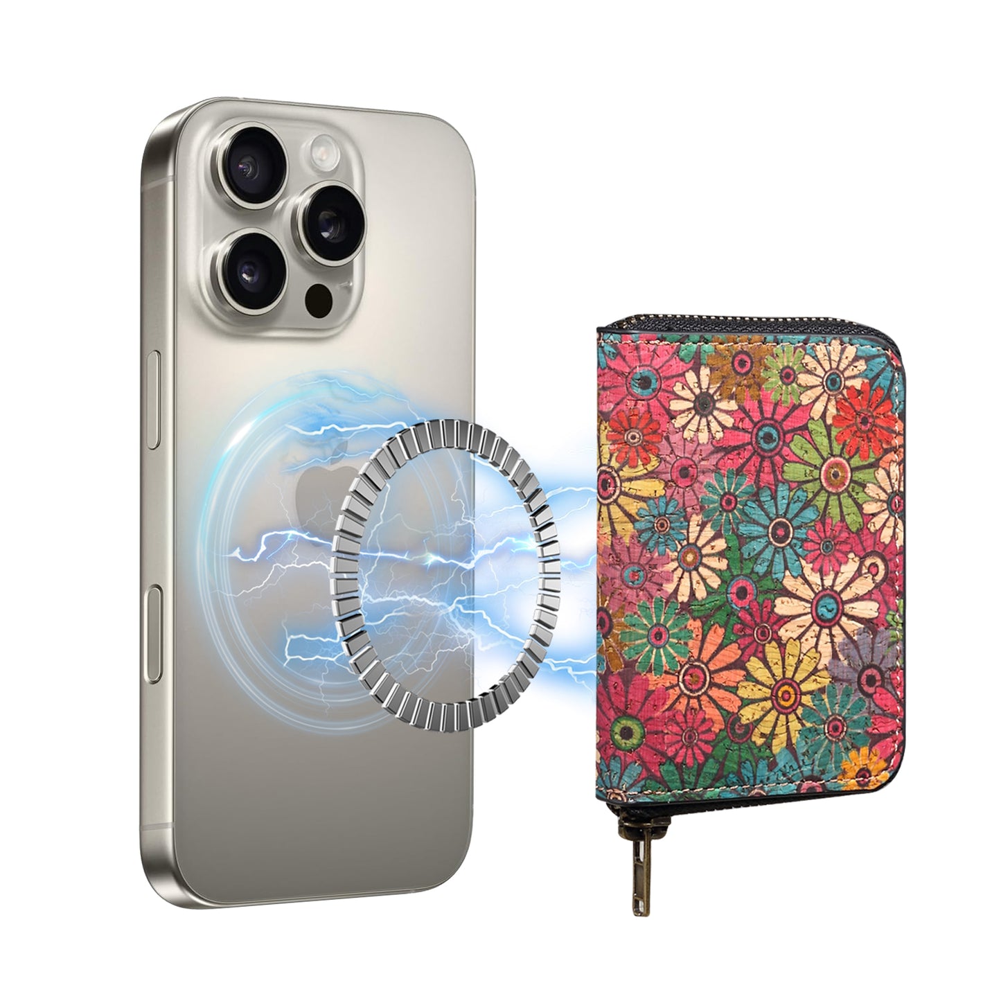 Cork Flower Magnetic Zipper Card Holder