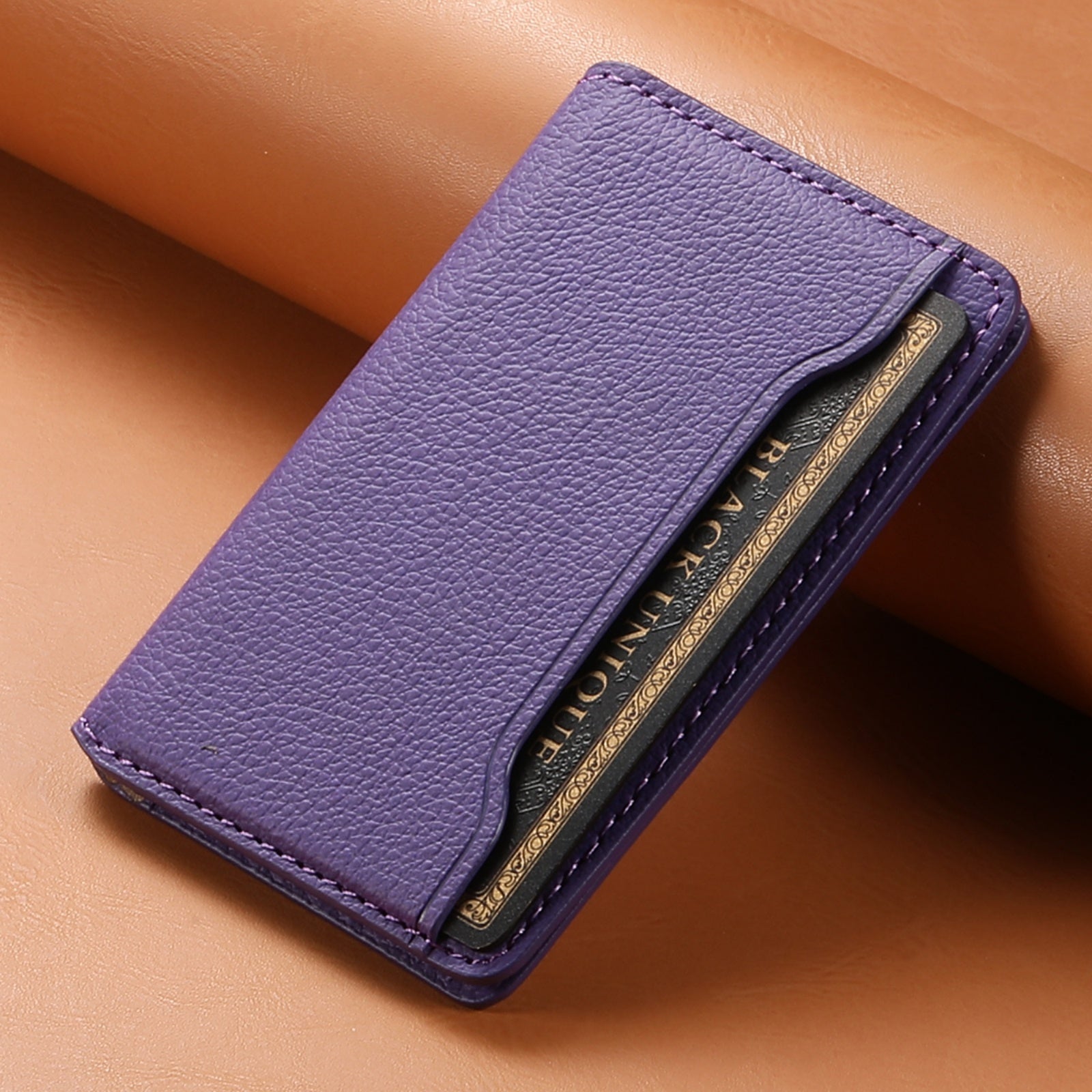 Litchi patterned Leather Bracket Ultra-Thin Credit Card Bag（Purple）