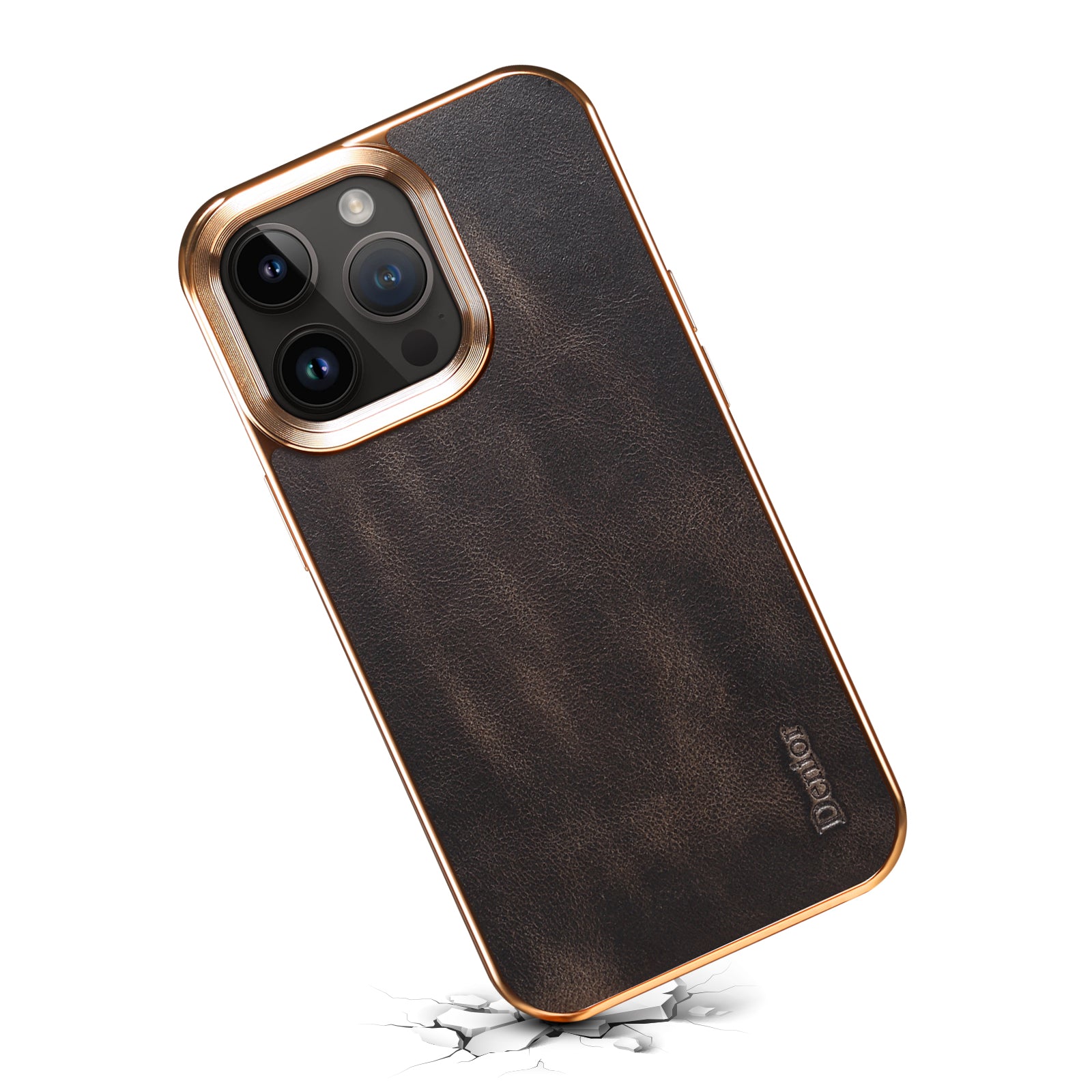 iPhone Top Layer Cowhide Electroplated Border Anti Drop Genuine Leather Phone Case（Black）