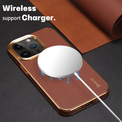 iPhone 16 Series Top Layer Cowhide Electroplated Border Anti Drop Genuine Leather Phone Case（Brown）