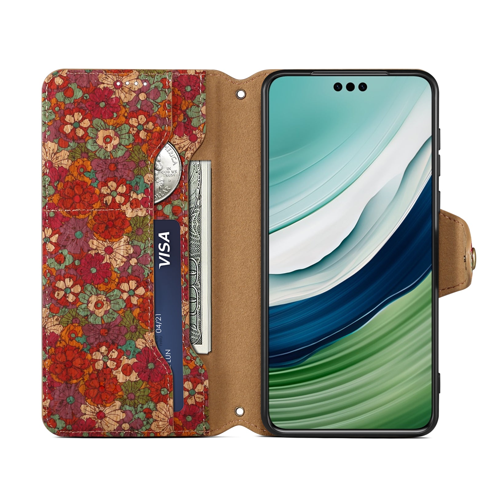 Huawei Flower Language Cork Flip Wallet Stand Leather Phone Case (Red)