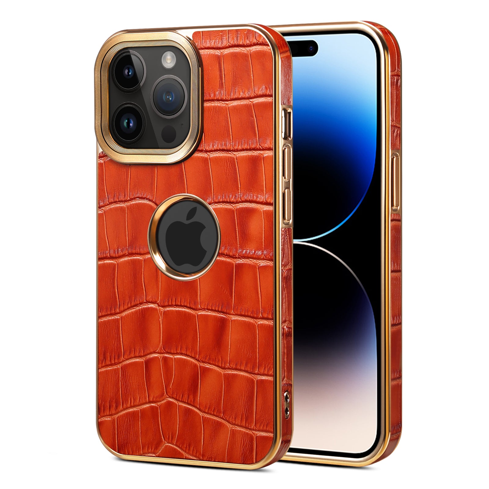 iPhone 15/14/13/12 Series Top Layer Alligator Pattern Cowhide Electroplated Border Anti Drop Genuine Leather Phone Case（Brown）