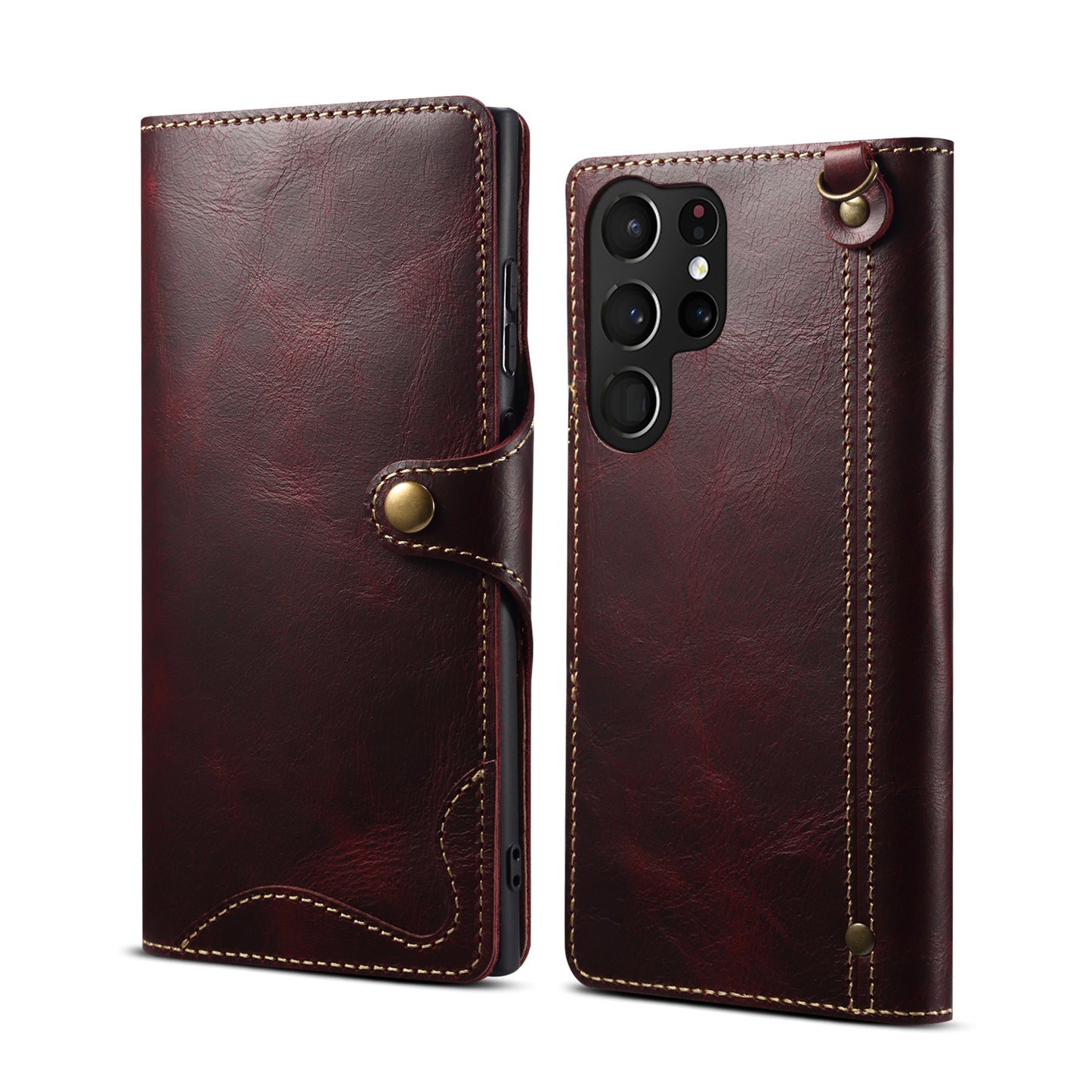 Genuine Leather Oil Wax Cowhide Button Wallet Phone Case (For Samsung)
