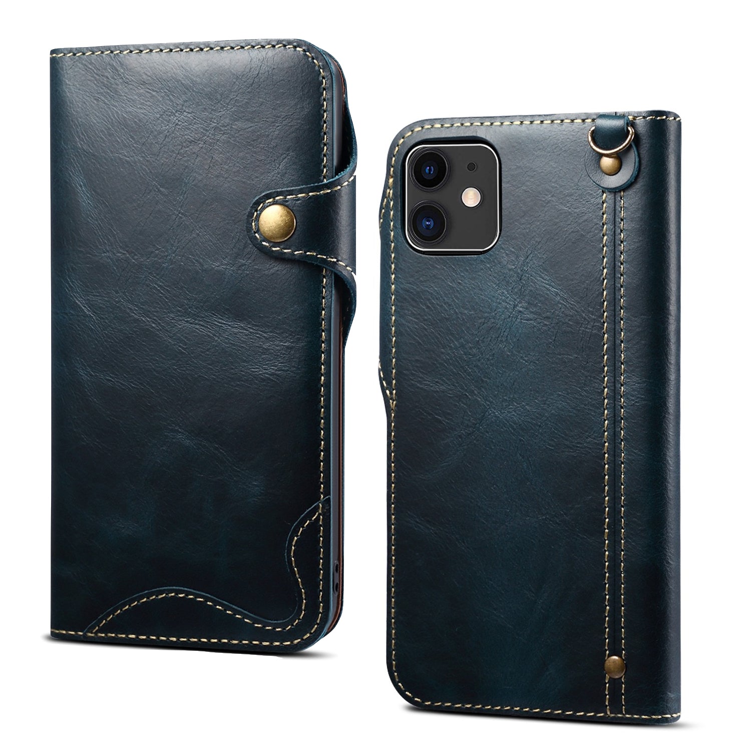 iPhone 13/12 Min/11/7/8 Plus/Xs Max Series Genuine Leathe Multi Functional Card Insertion Flip Wallet Holder Phone Case（Blue）