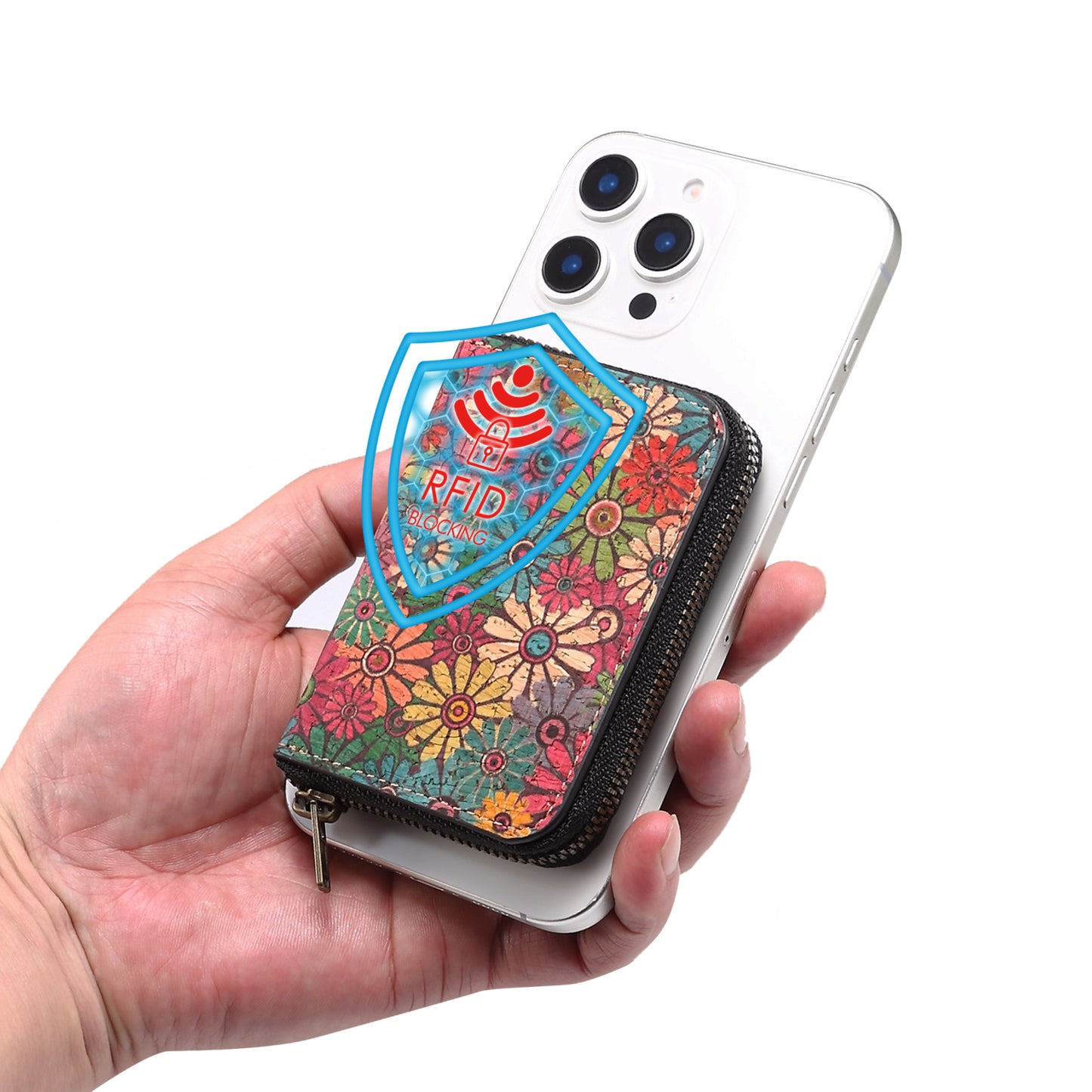 Cork Flower Magnetic Zipper Card Holder