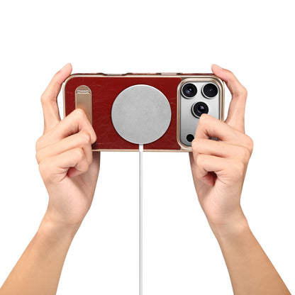 Genuine Leather In-line Stand Magnetic Electroplated Phone Case