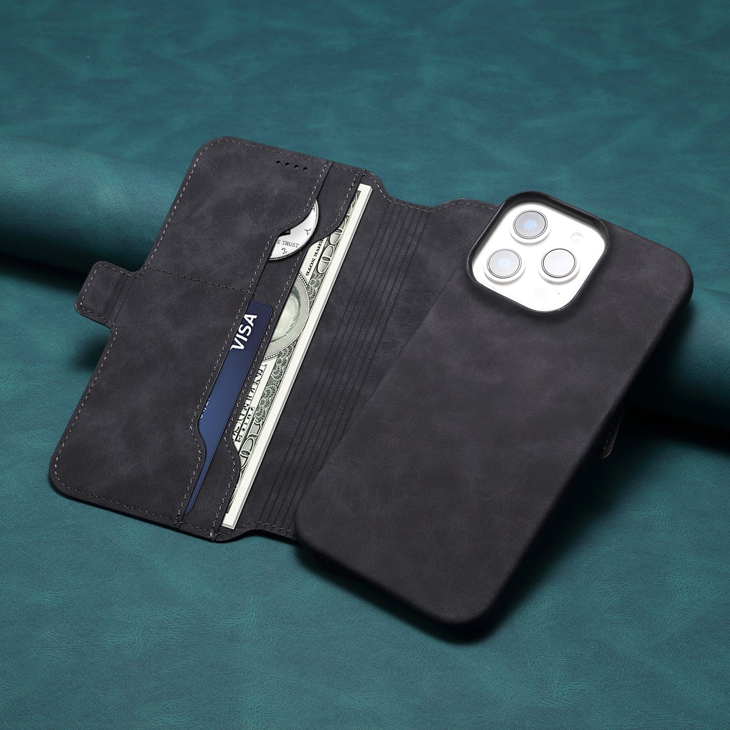 PC Retro Faux Leather Pattern Detachable Magnetic Wallet Phone Case