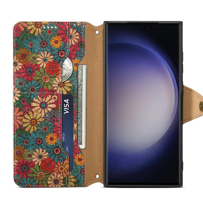 Samsung Flower Language Cork Flip Wallet Stand Leather Phone Case (Green)