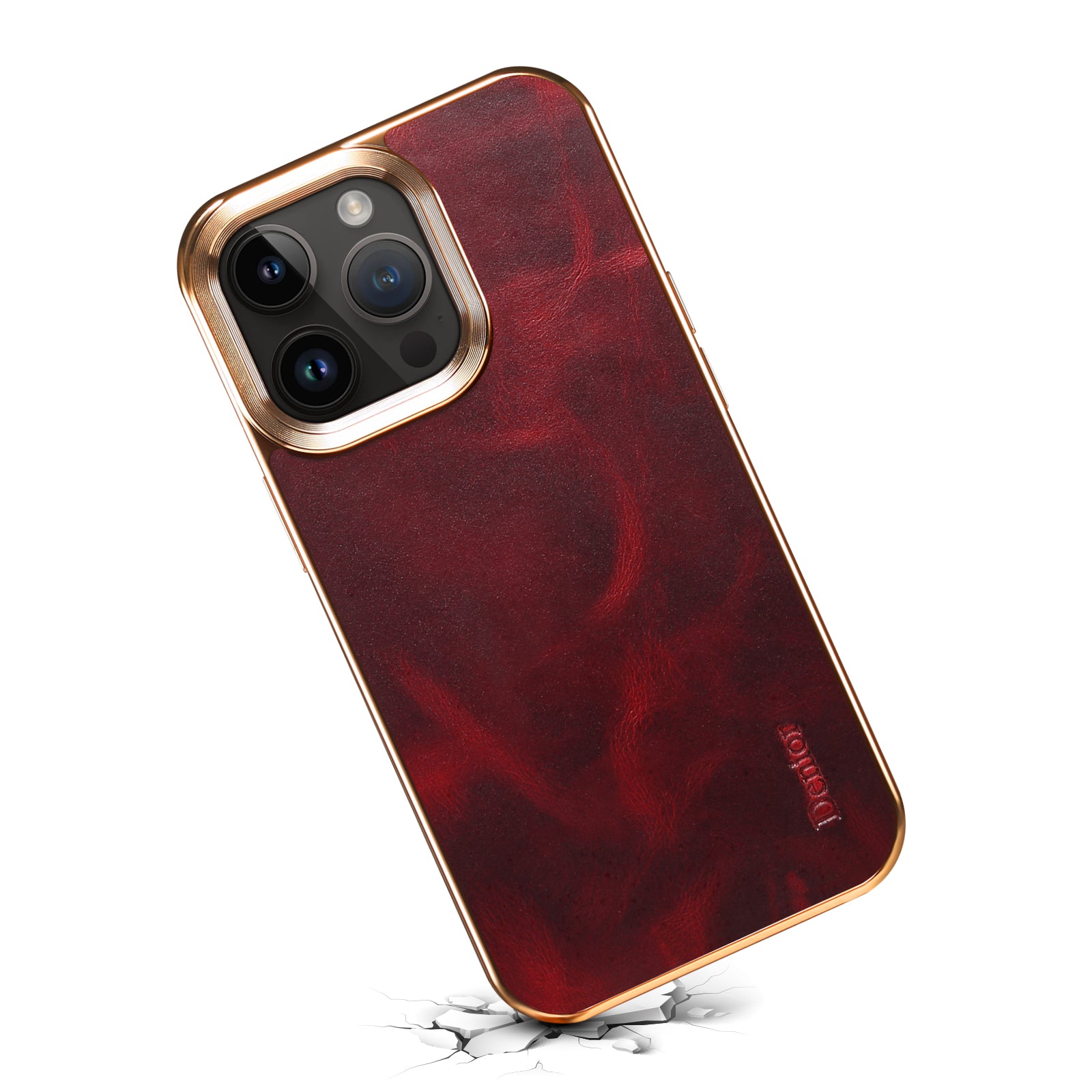 iPhone Top Layer Cowhide Electroplated Border Anti Drop Genuine Leather Phone Case（Red）