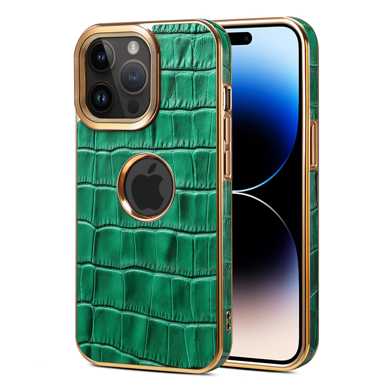 iPhone 15/14/13/12 Series Top Layer Alligator Pattern Cowhide Electroplated Border Anti Drop Genuine Leather Phone Case（Green）