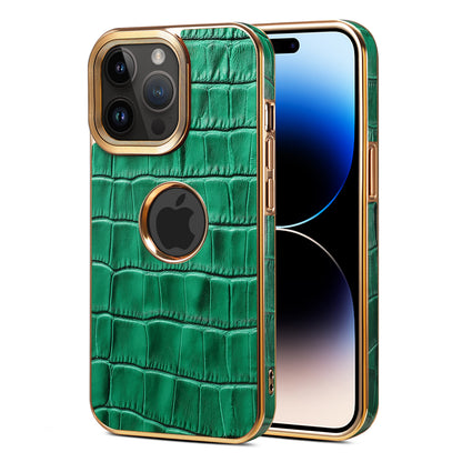 iPhone 15/14/13/12 Series Top Layer Alligator Pattern Cowhide Electroplated Border Anti Drop Genuine Leather Phone Case（Green）
