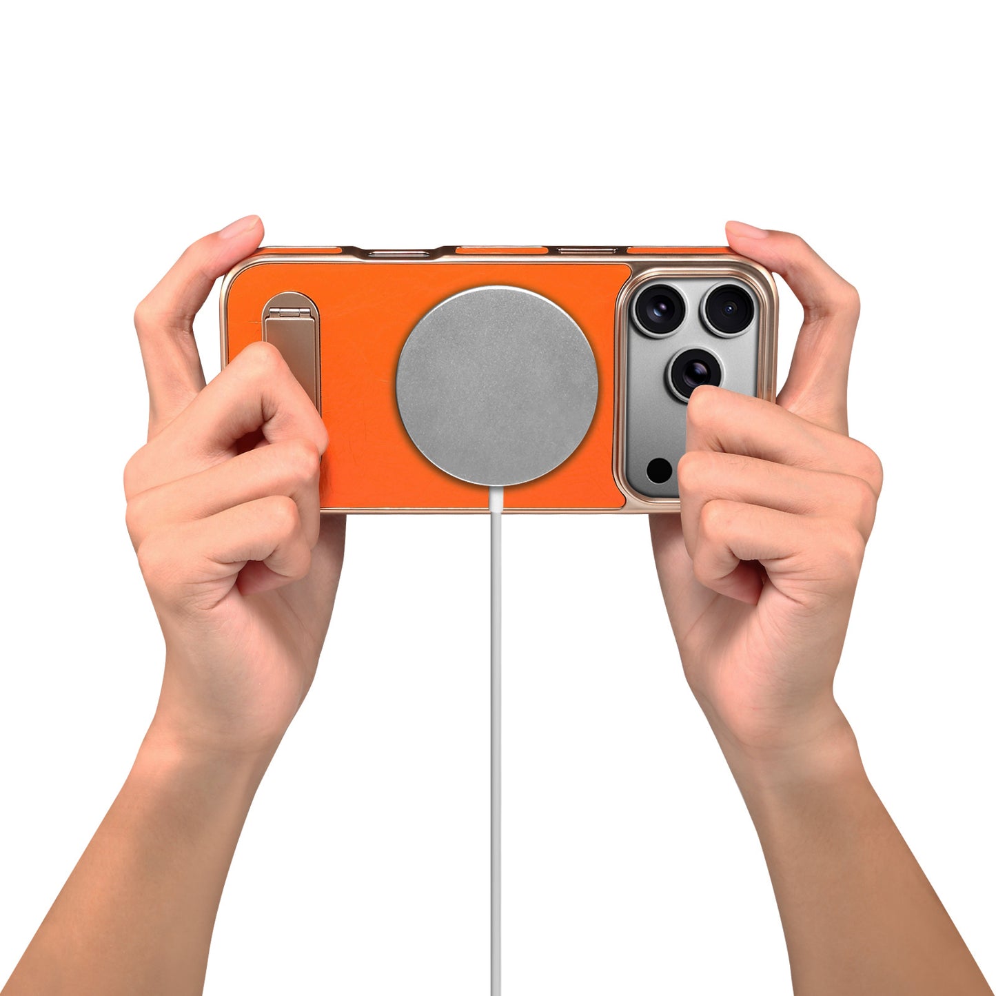 Genuine Leather In-line Stand Magnetic Electroplated Phone Case