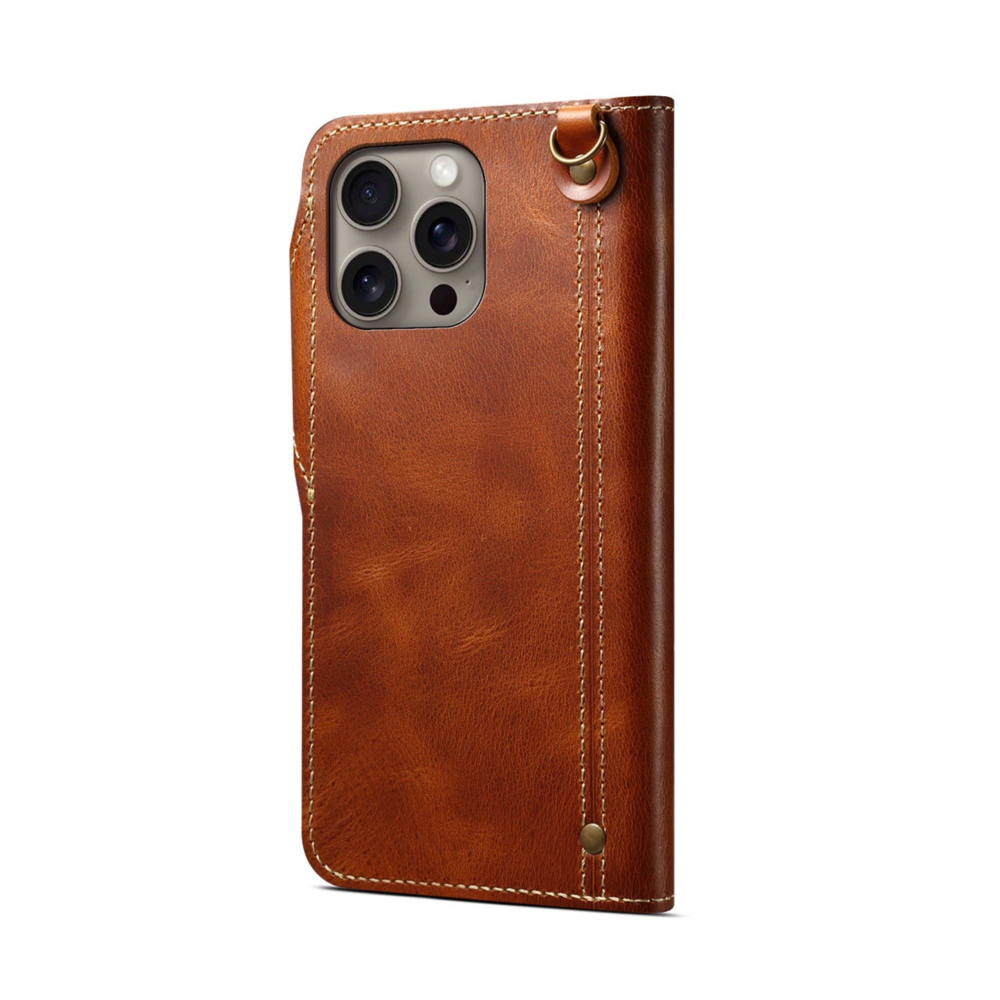 Genuine Oil Wax Cowhide Button Stand Wallet Phone Case