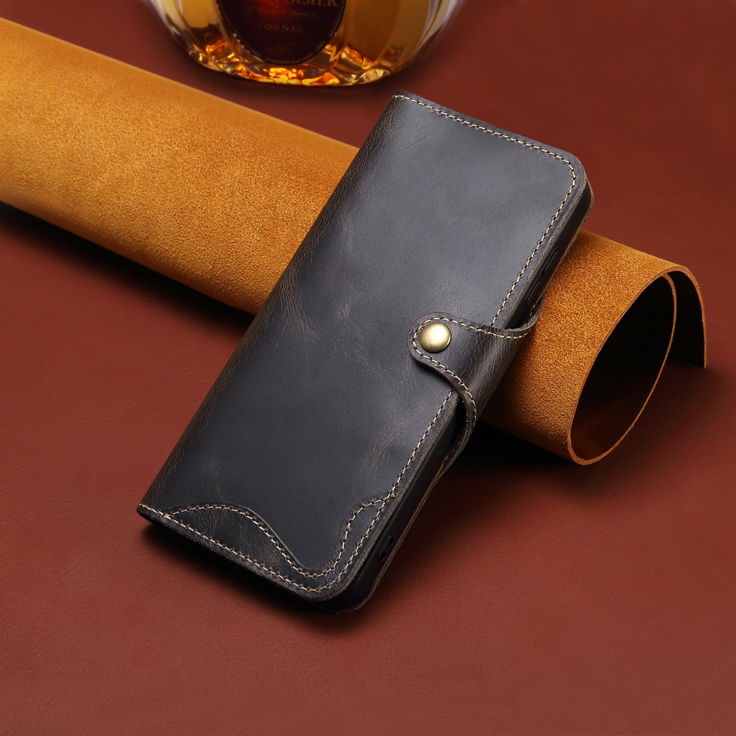 Genuine Oil Wax Cowhide Button Stand Wallet Phone Case
