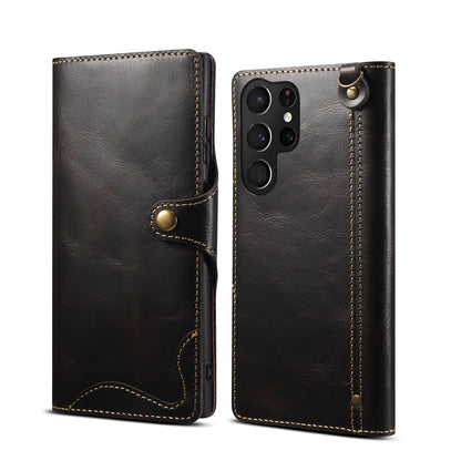 Genuine Leather Oil Wax Cowhide Button Wallet Phone Case (For Samsung)
