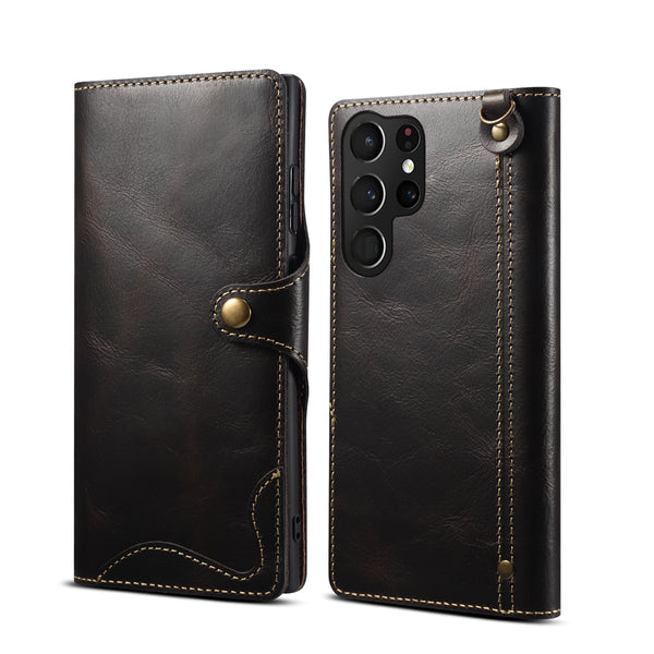 Genuine Leather Oil Wax Cowhide Button Wallet Phone Case (For Samsung)
