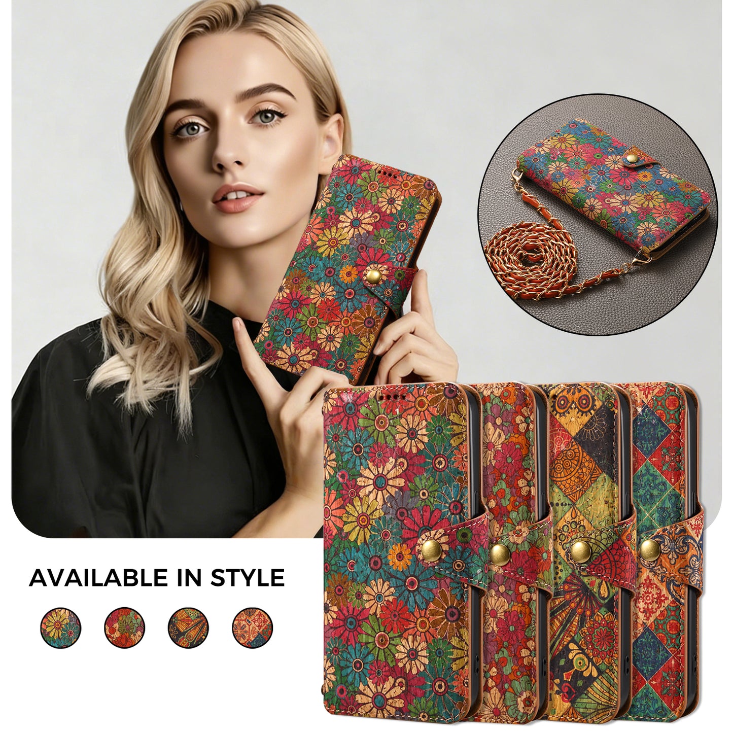 Floral Cork Wooden Wallet Case