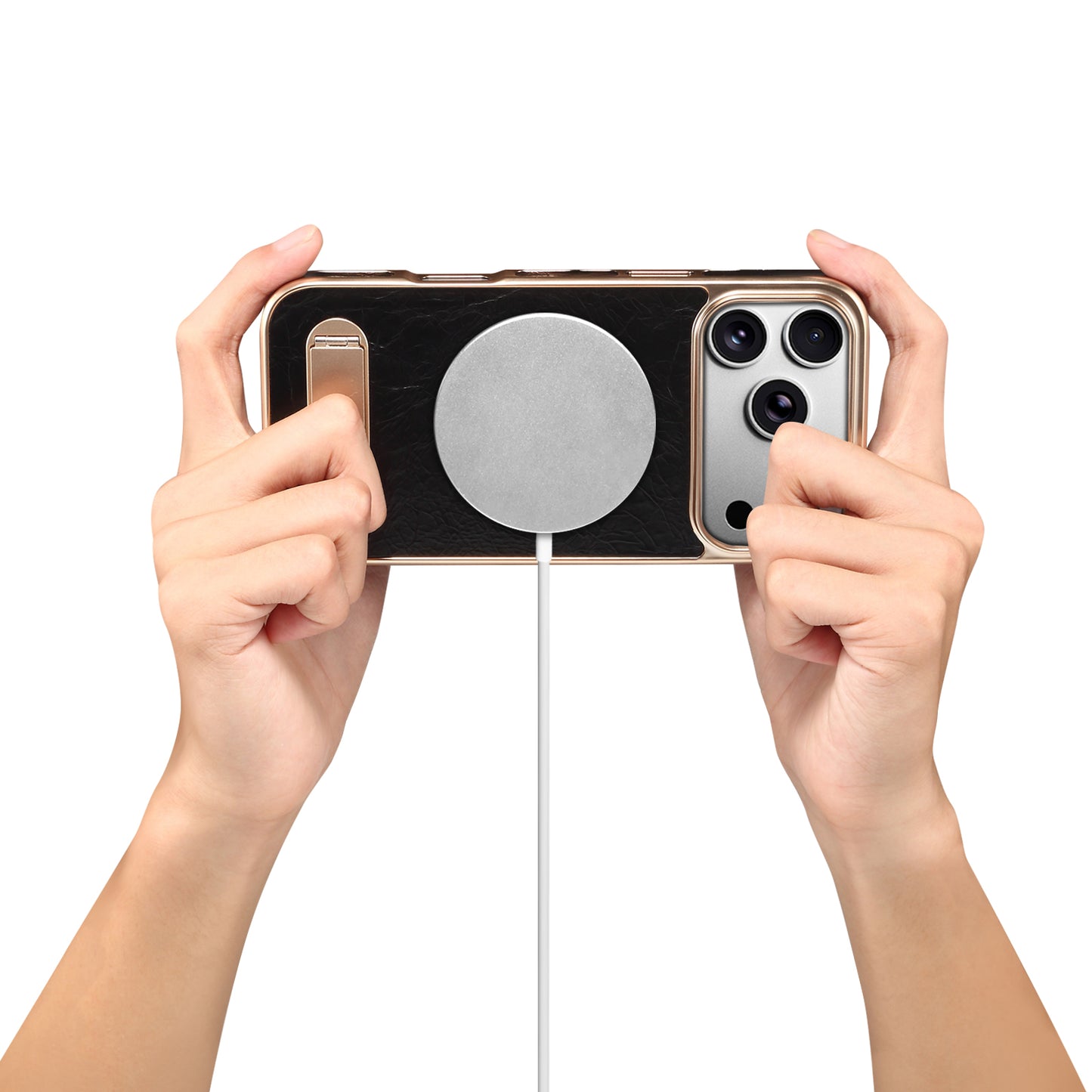 Genuine Leather In-line Stand Magnetic Electroplated Phone Case