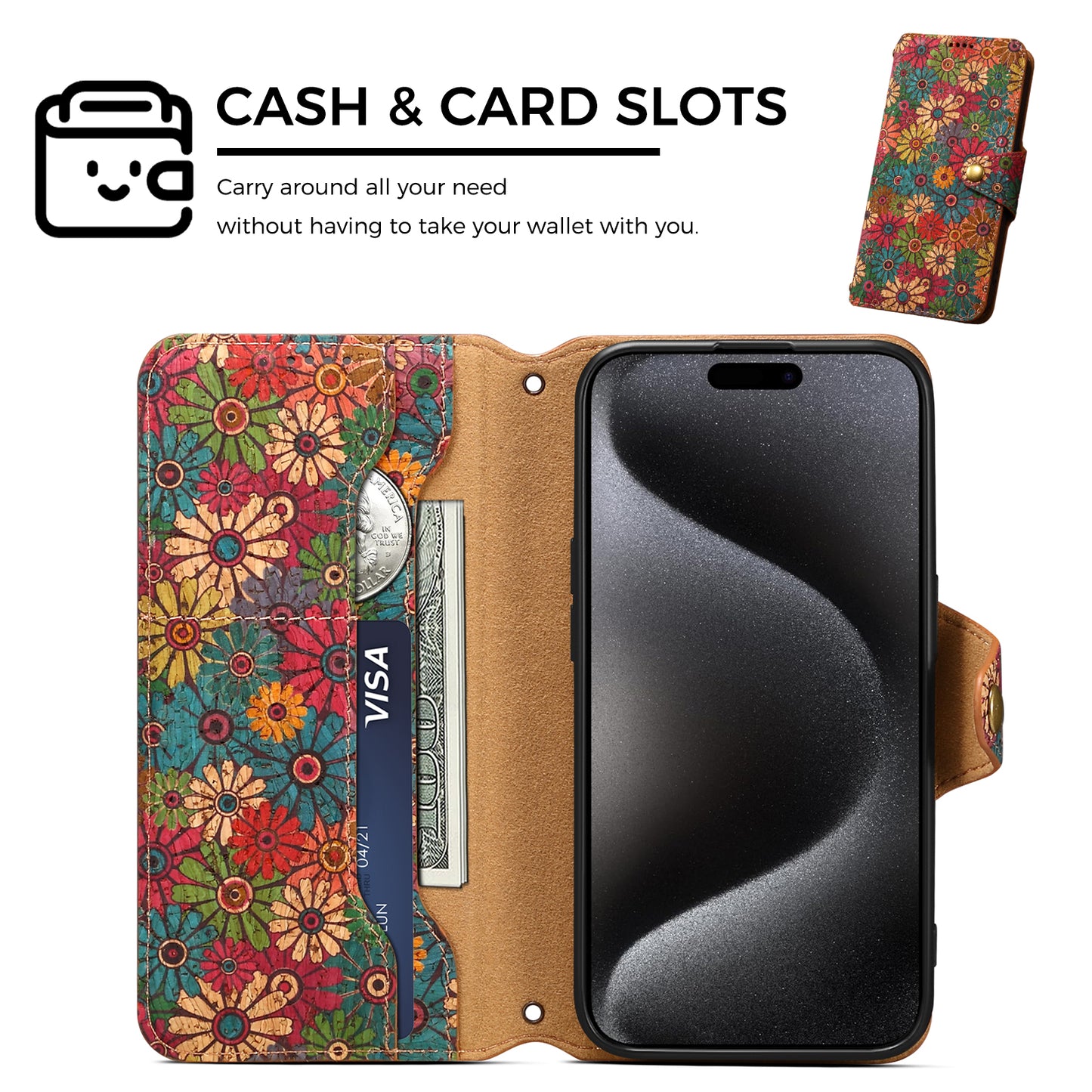 Floral Cork Wooden Wallet Case