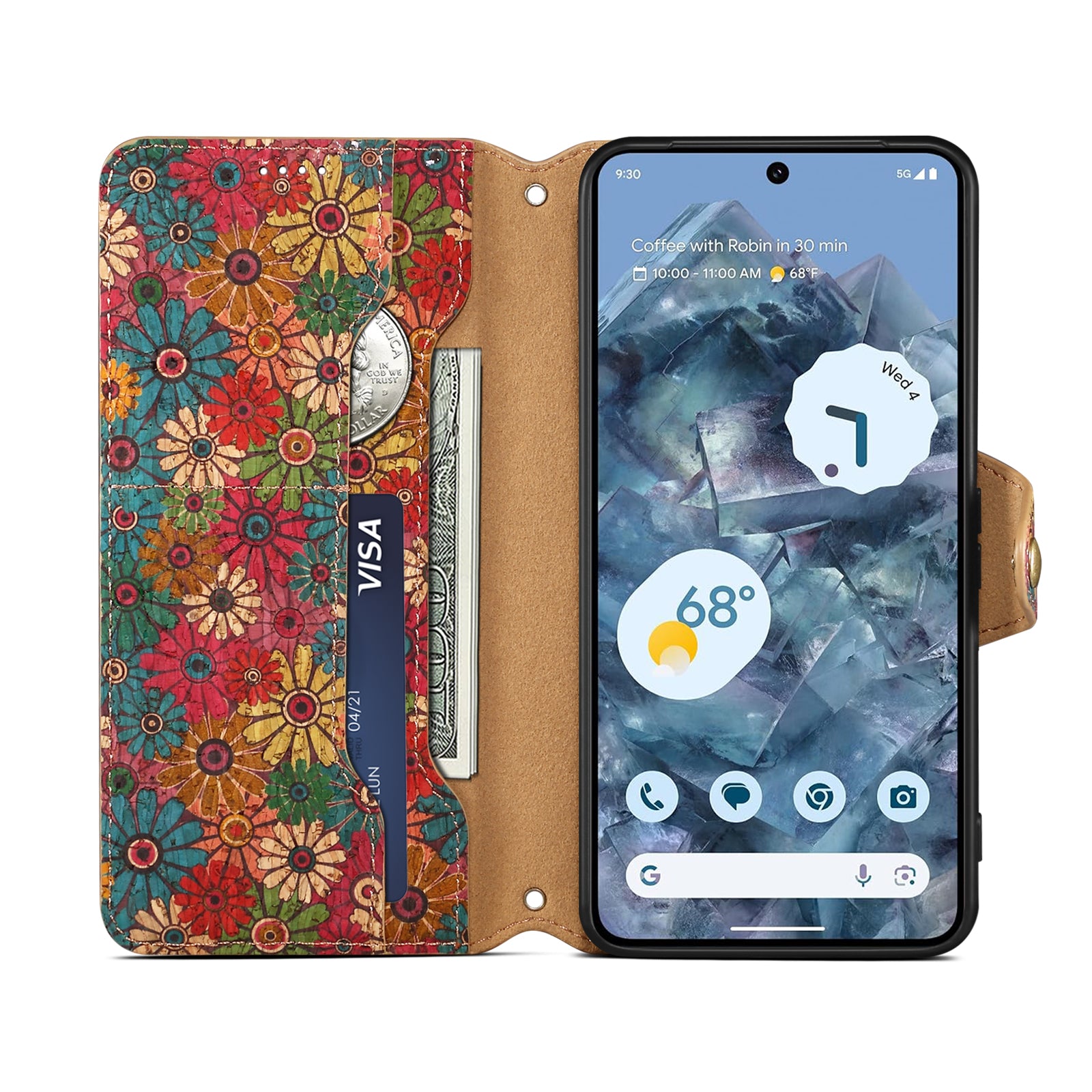 Google Flower Language Cork Flip Wallet Stand Leather Phone Case (Green)