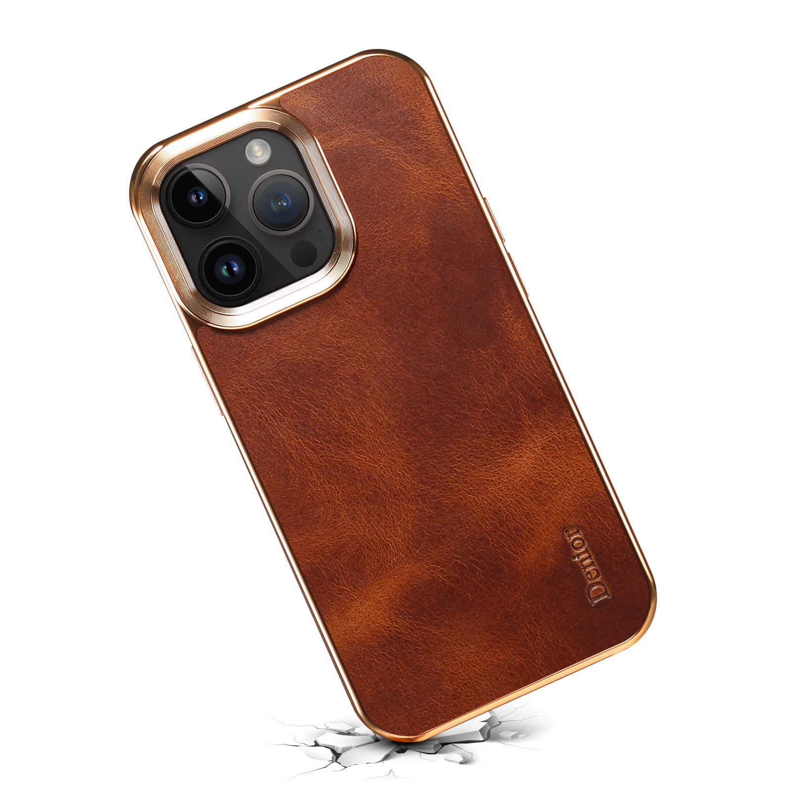 iPhone Top Layer Cowhide Electroplated Border Anti Drop Genuine Leather Phone Case（Brown）
