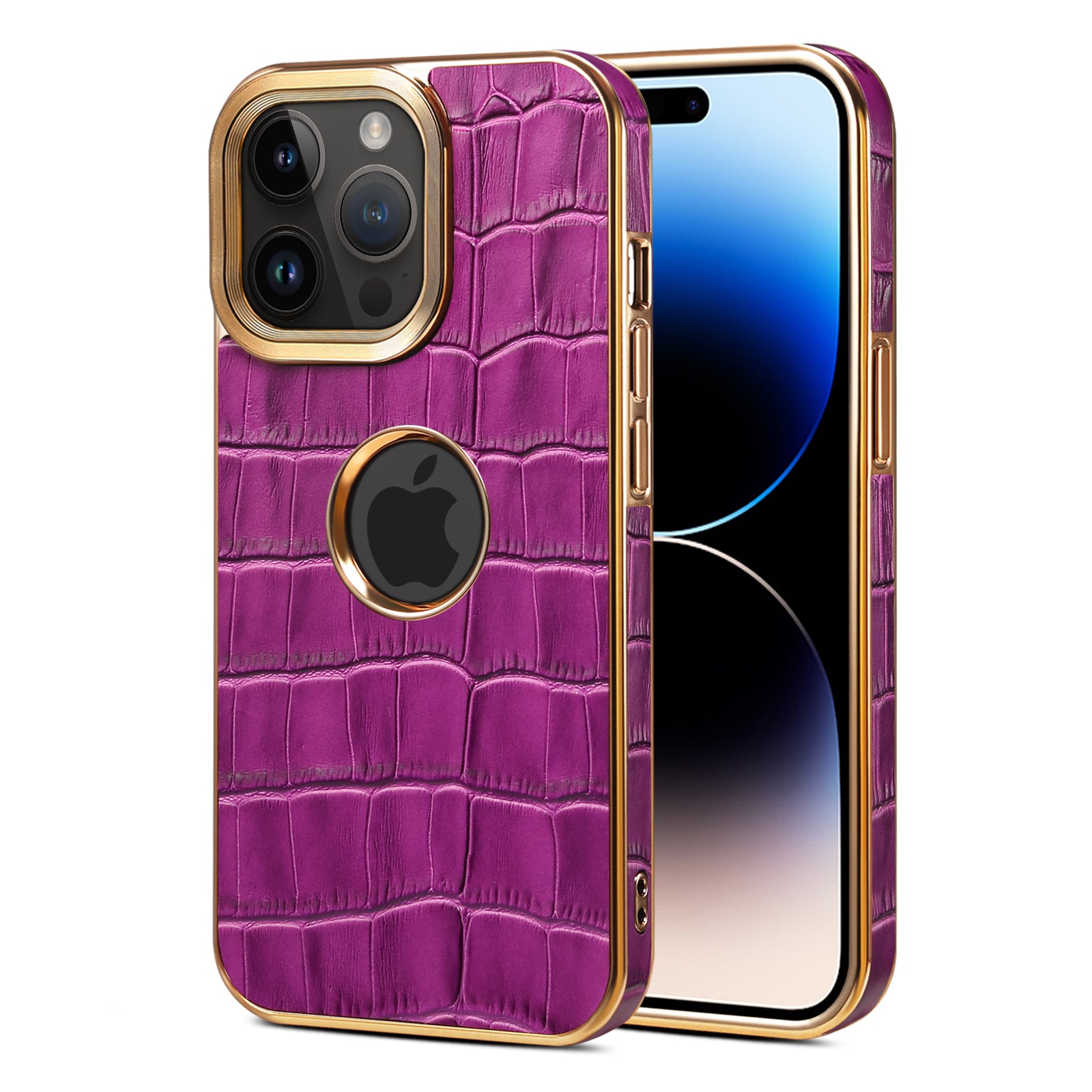 iPhone 15/14/13/12 Series Top Layer Alligator Pattern Cowhide Electroplated Border Anti Drop Genuine Leather Phone Case（Purple）