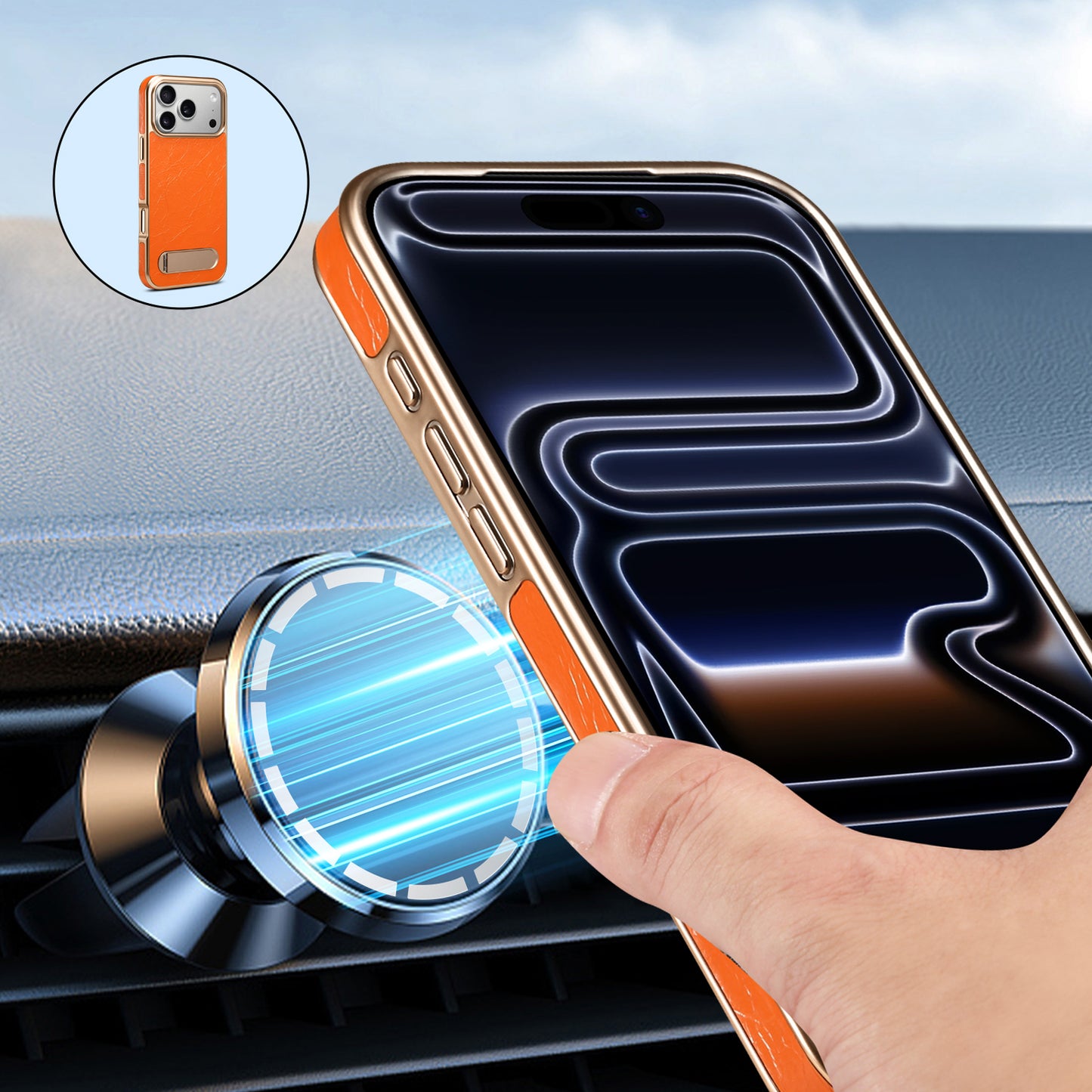 Genuine Leather In-line Stand Magnetic Electroplated Phone Case