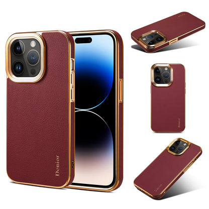 iPhone 15-12 Series Top Layer Cowhide Electroplated Border Anti Drop Genuine Leather Phone Case（Red）