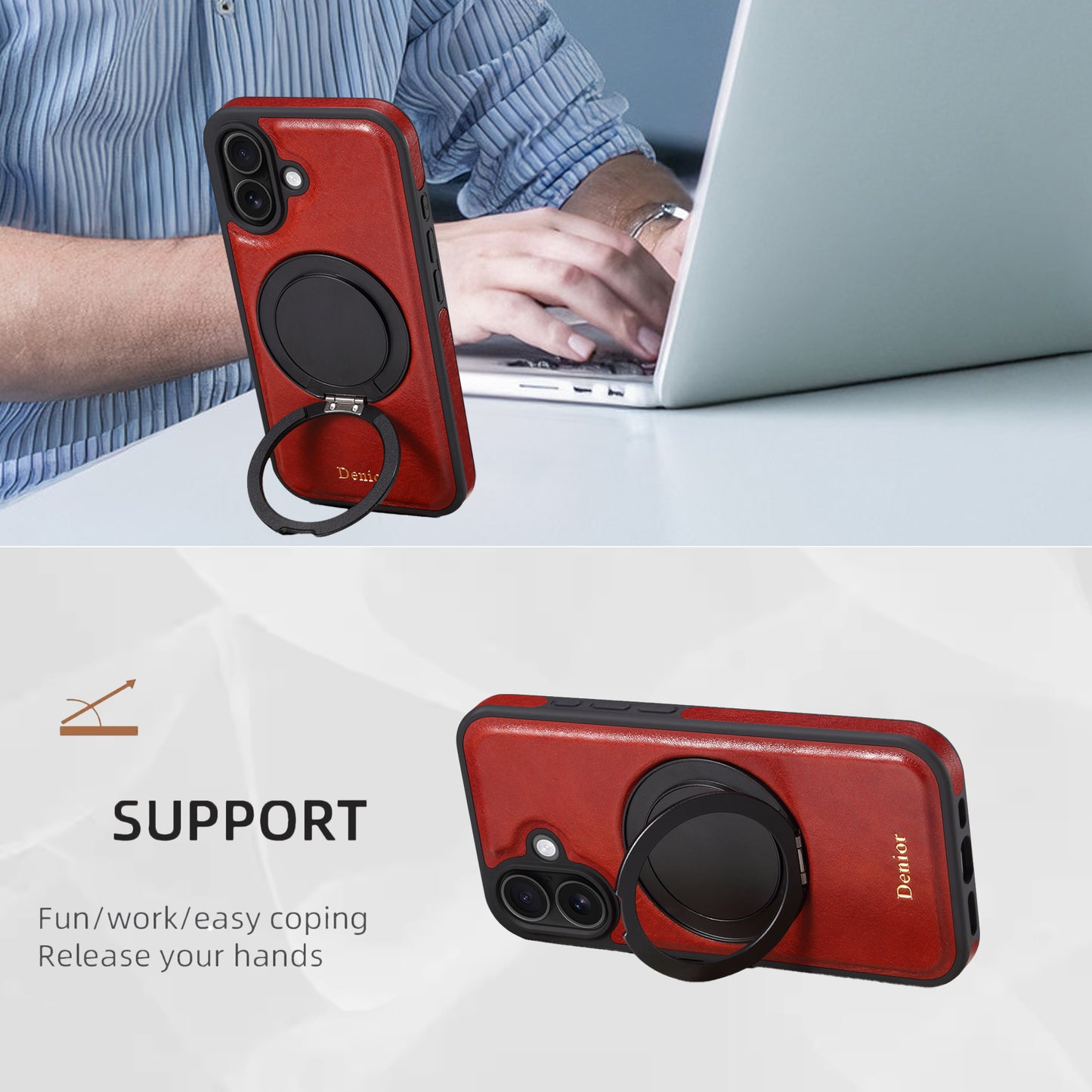 Genuine Leather 360° Rotating Gear Stand Phone Case