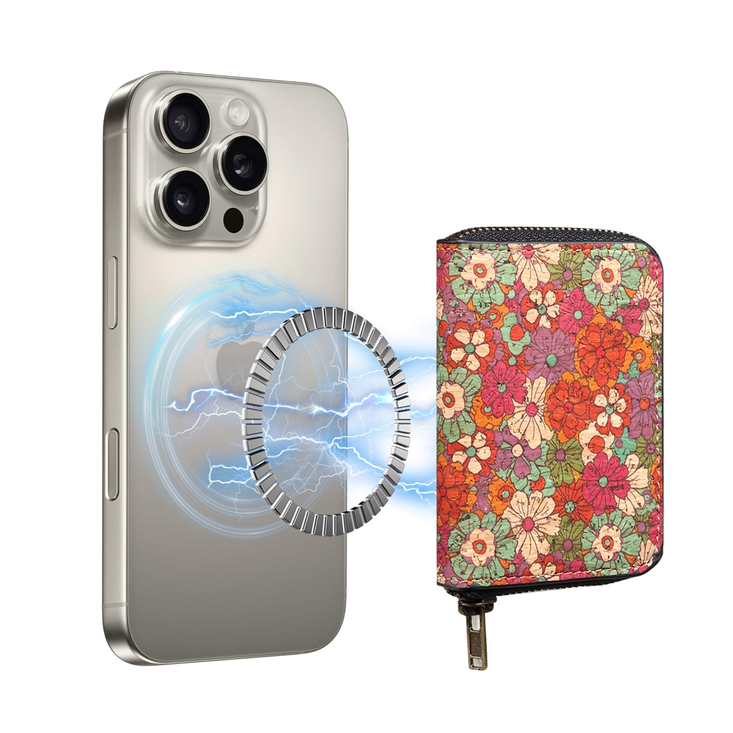 Cork Flower Magnetic Zipper Card Holder