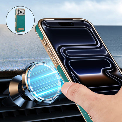Genuine Leather In-line Stand Magnetic Electroplated Phone Case