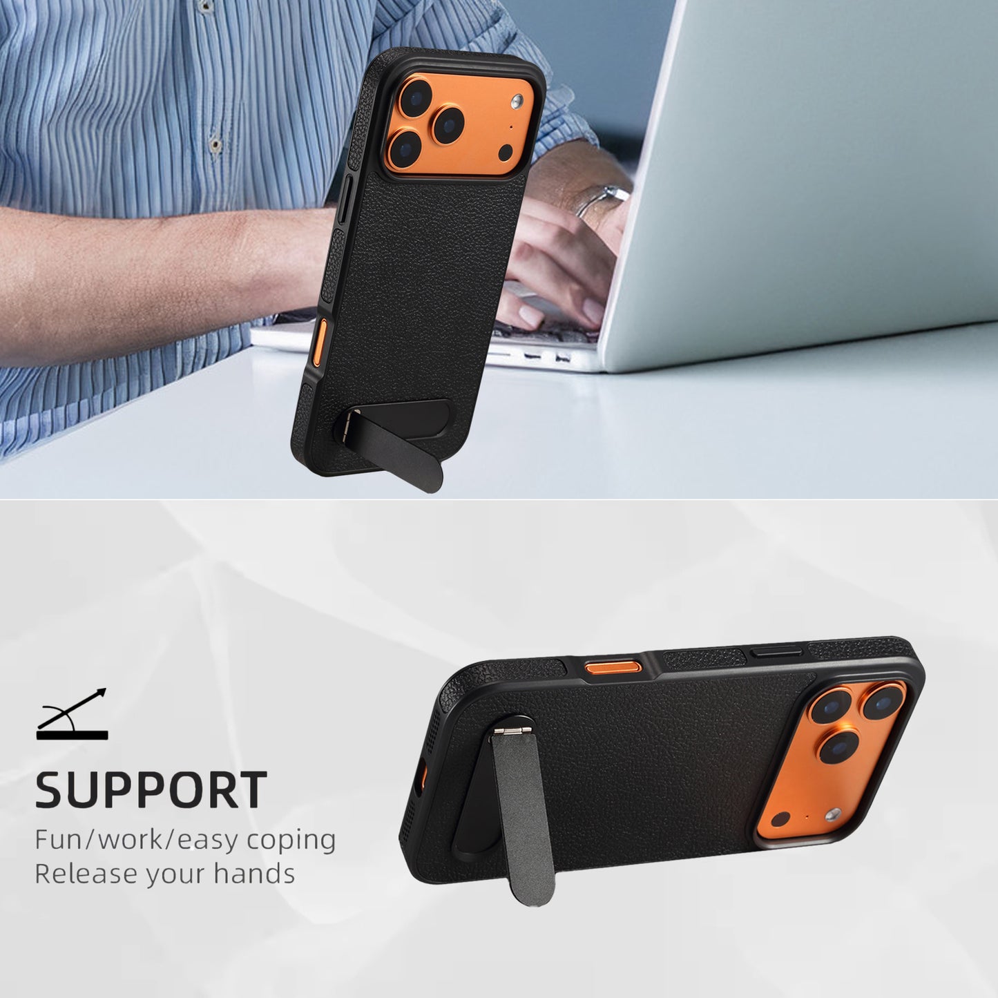 PU Faux Leather Lychee Texture In-line Stand Phone Case