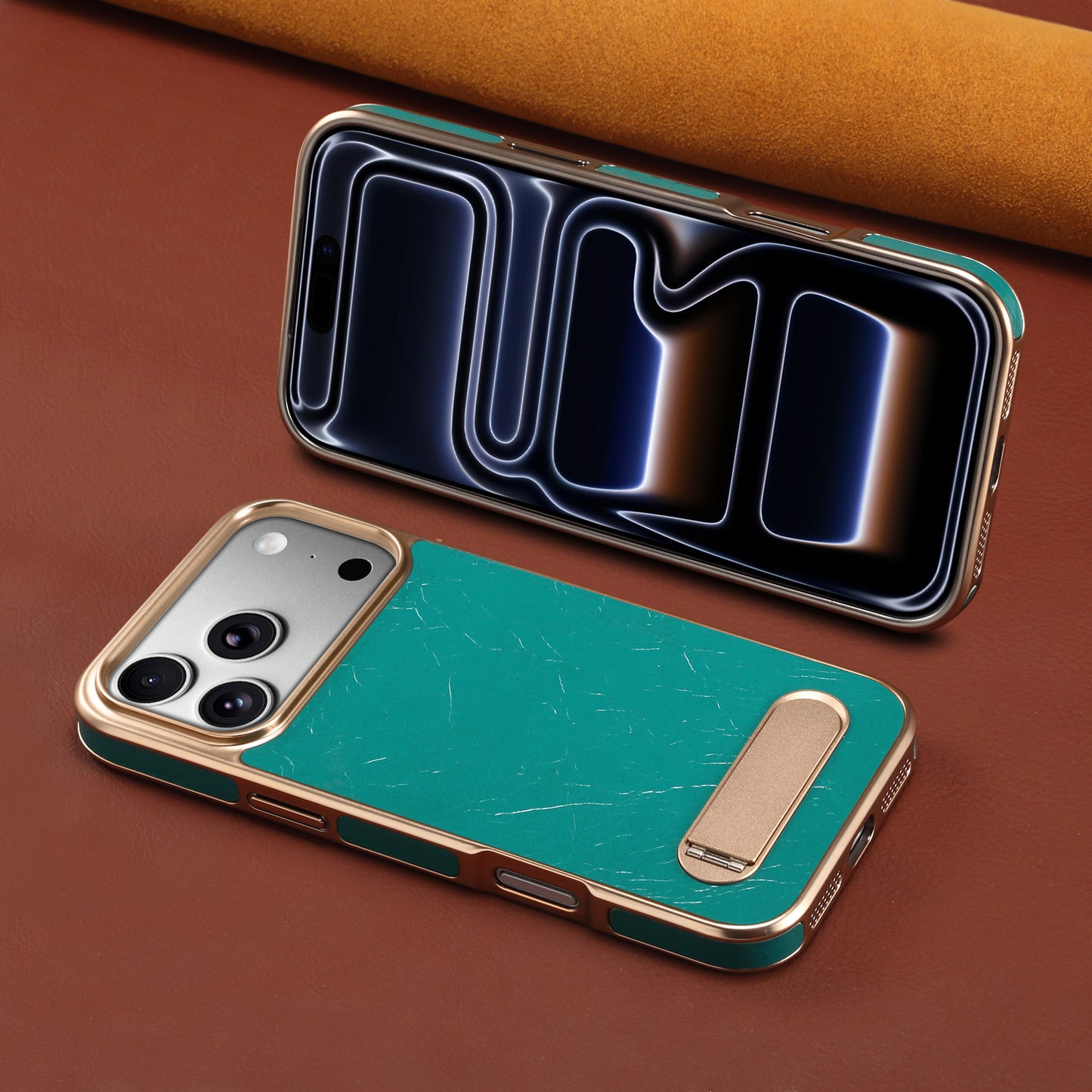 Genuine Leather In-line Stand Magnetic Electroplated Phone Case