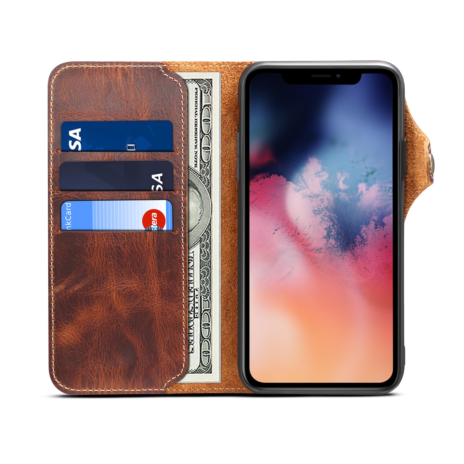iPhone 13/12 Min/11/7/8 Plus/Xs Max Series Genuine Leathe Multi Functional Card Insertion Flip Wallet Holder Phone Case（Brown）
