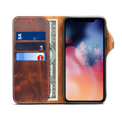 iPhone 13/12 Min/11/7/8 Plus/Xs Max Series Genuine Leathe Multi Functional Card Insertion Flip Wallet Holder Phone Case（Brown）