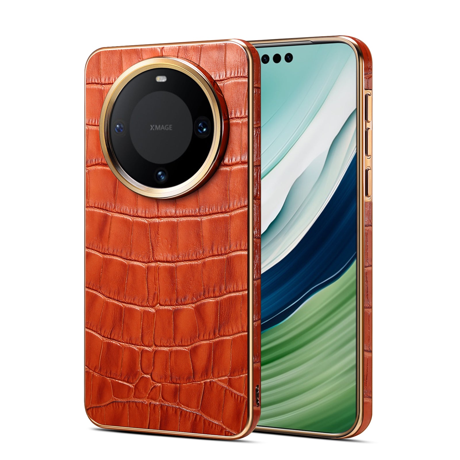 Huawei Series Top Layer Alligator Pattern Cowhide Electroplated Border Anti Drop Genuine Leather Phone Case（Brown）