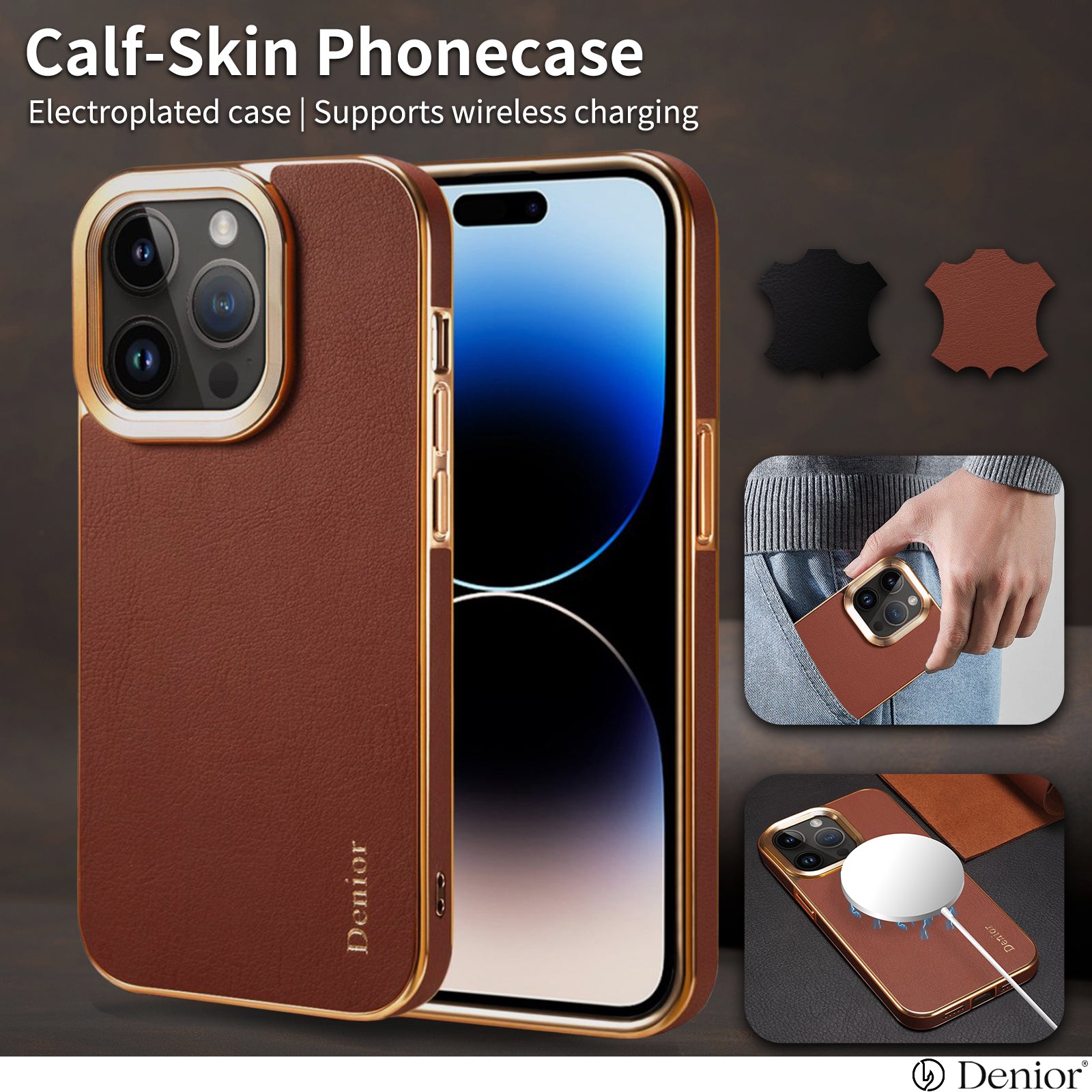iPhone 16 Series Top Layer Cowhide Electroplated Border Anti Drop Genuine Leather Phone Case（Brown）
