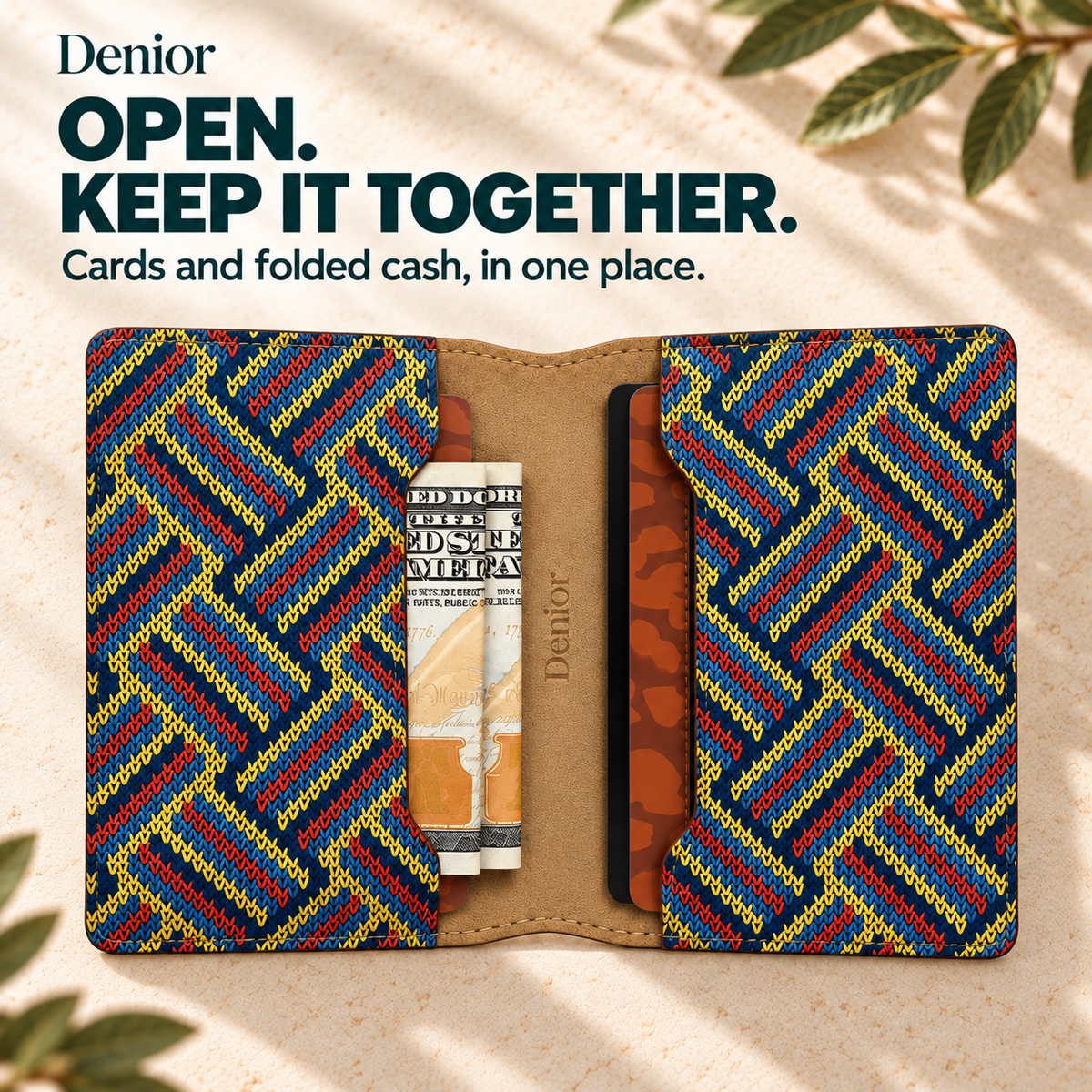 Cork Knitted Herringbone Magnetic Bi-Fold Card Holder Wallet with 2 Card Slots