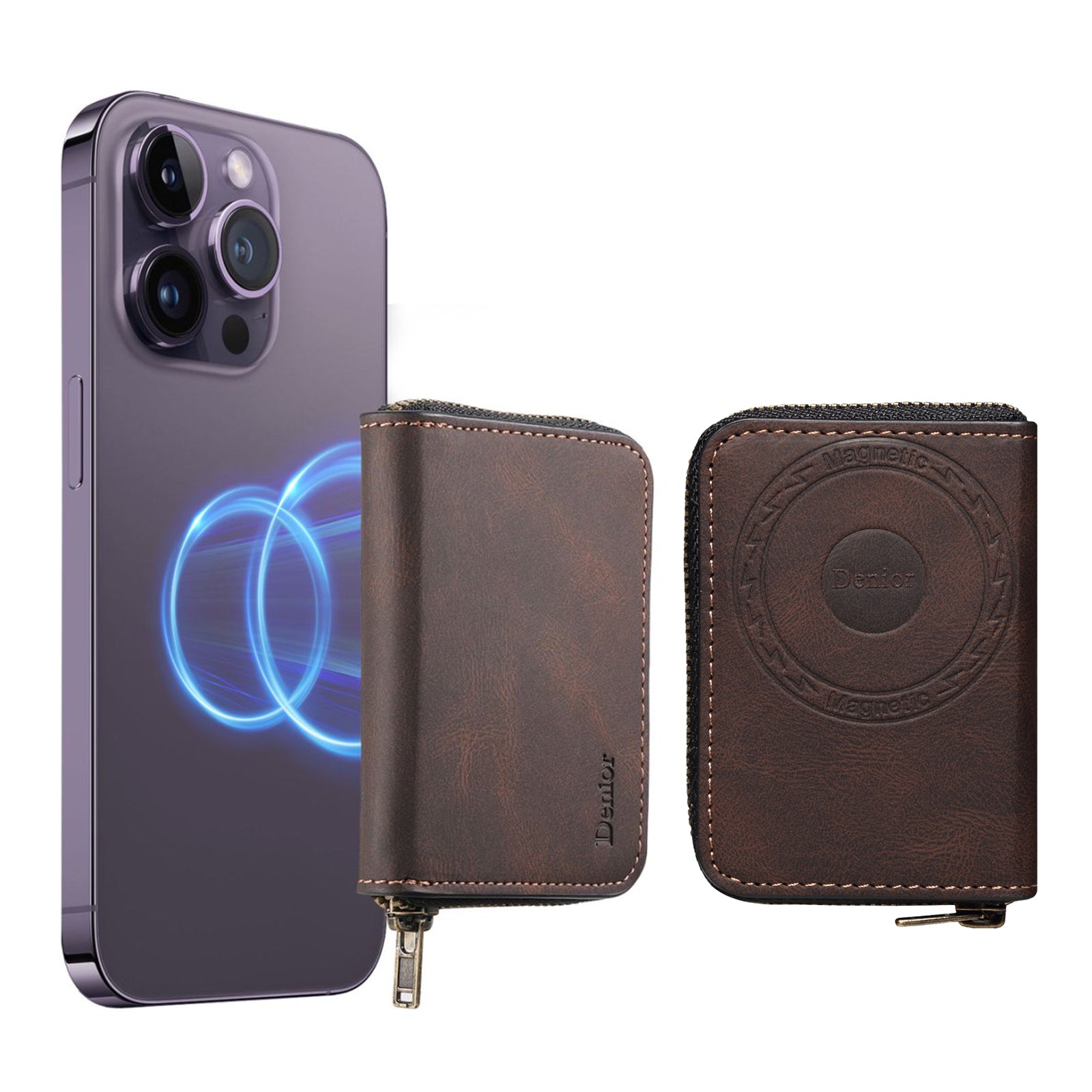 RFID Magnetic Zipper Wallet Credit Card Bag (Brown)