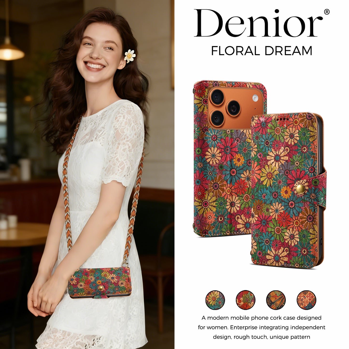 Floral Cork Wooden Wallet Case