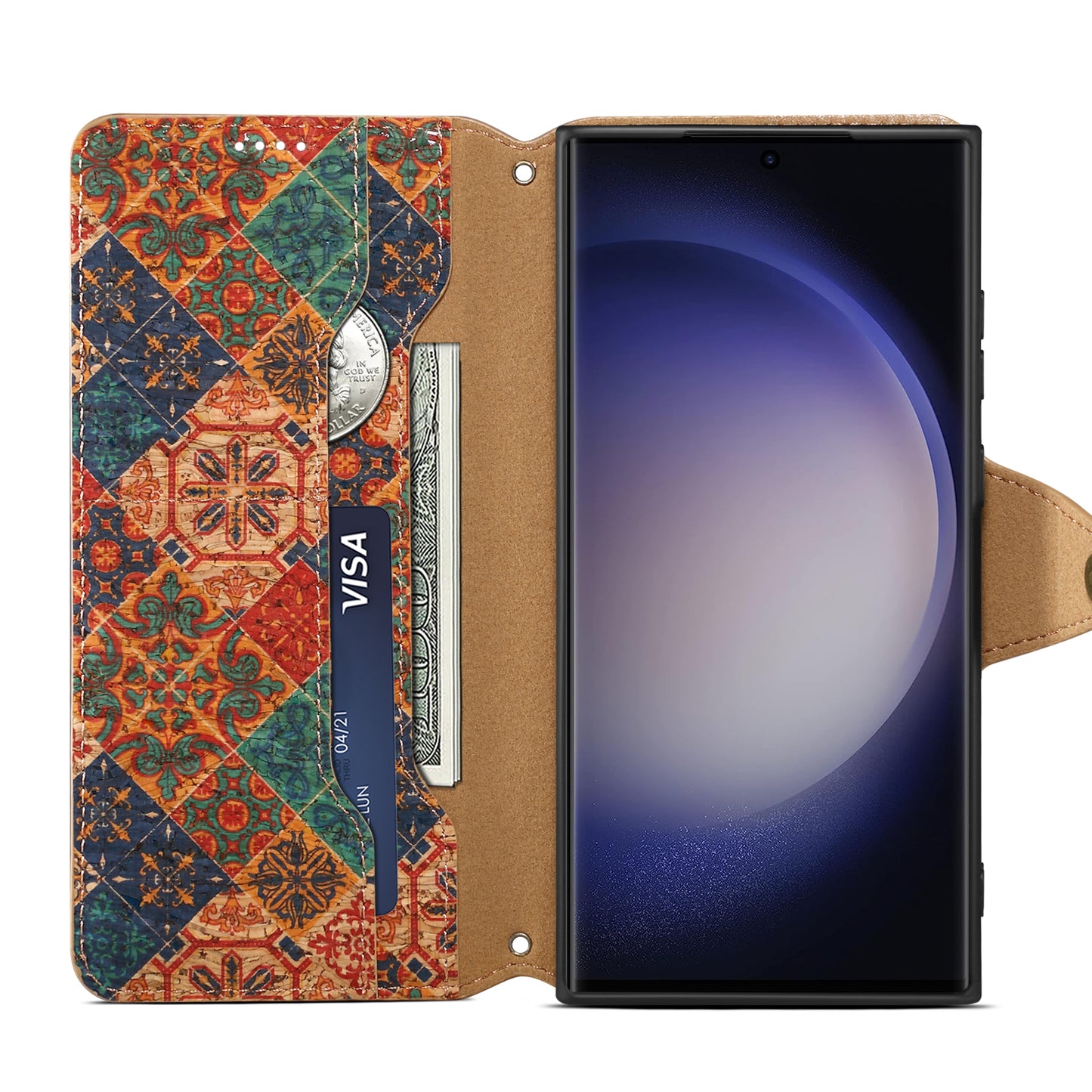 Cork Floral Button Wallet Stand Phone Case (For Samsung)