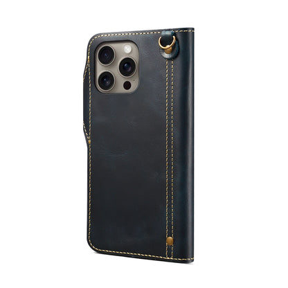 Genuine Oil Wax Cowhide Button Stand Wallet Phone Case